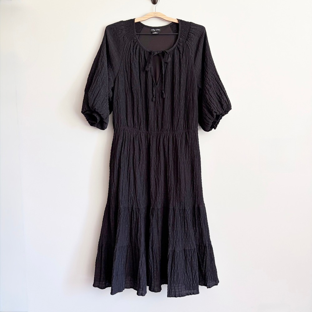City Chic Darling Puff Tiered Dress Size 16 Smocked Waist Boho Black Textured